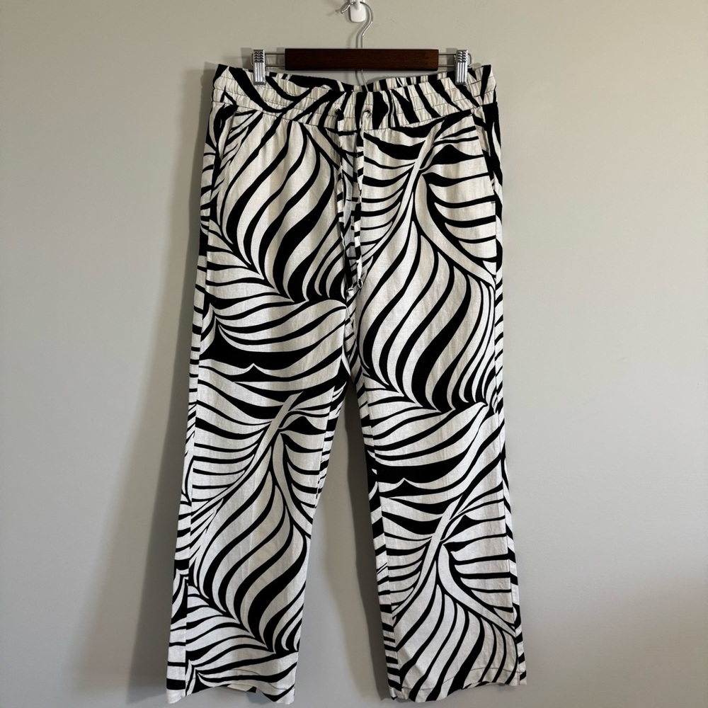 Ann Taylor Black & Cream Abstract Linen Blend Wide Leg Pants Size Medium